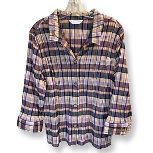 Christopher & Banks Button Up Shirt Size L Collared 3/4 Sleeve Multicolor Plaid